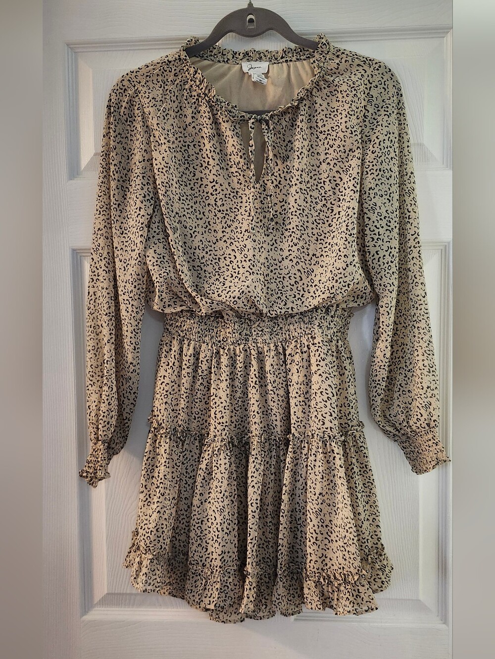 Japna Beige and Black Leopard-Print Long-Sleeve Tiered Mini Dress